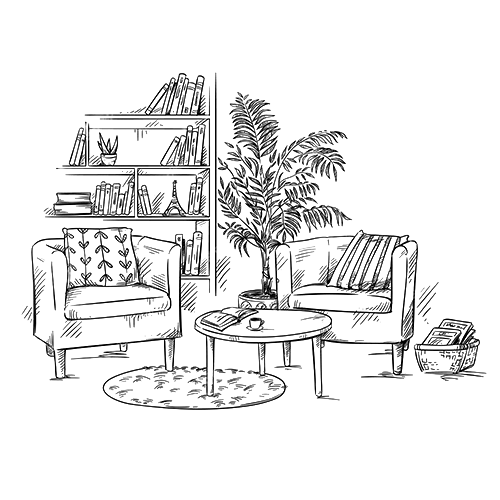 Sketch of a cozy living room with armchairs, coffee table, plants