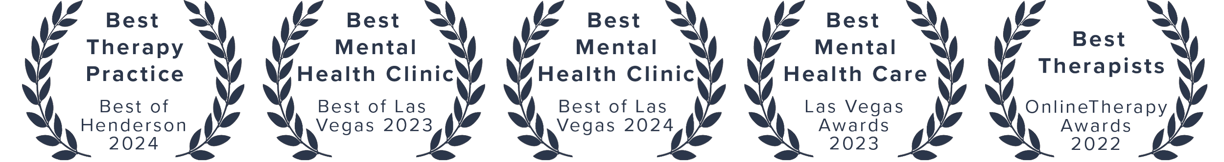 Five laurel wreath award badges: Best Therapy Practice, Best Mental Health Clinic, Best Mental Health Care, Best Therapists