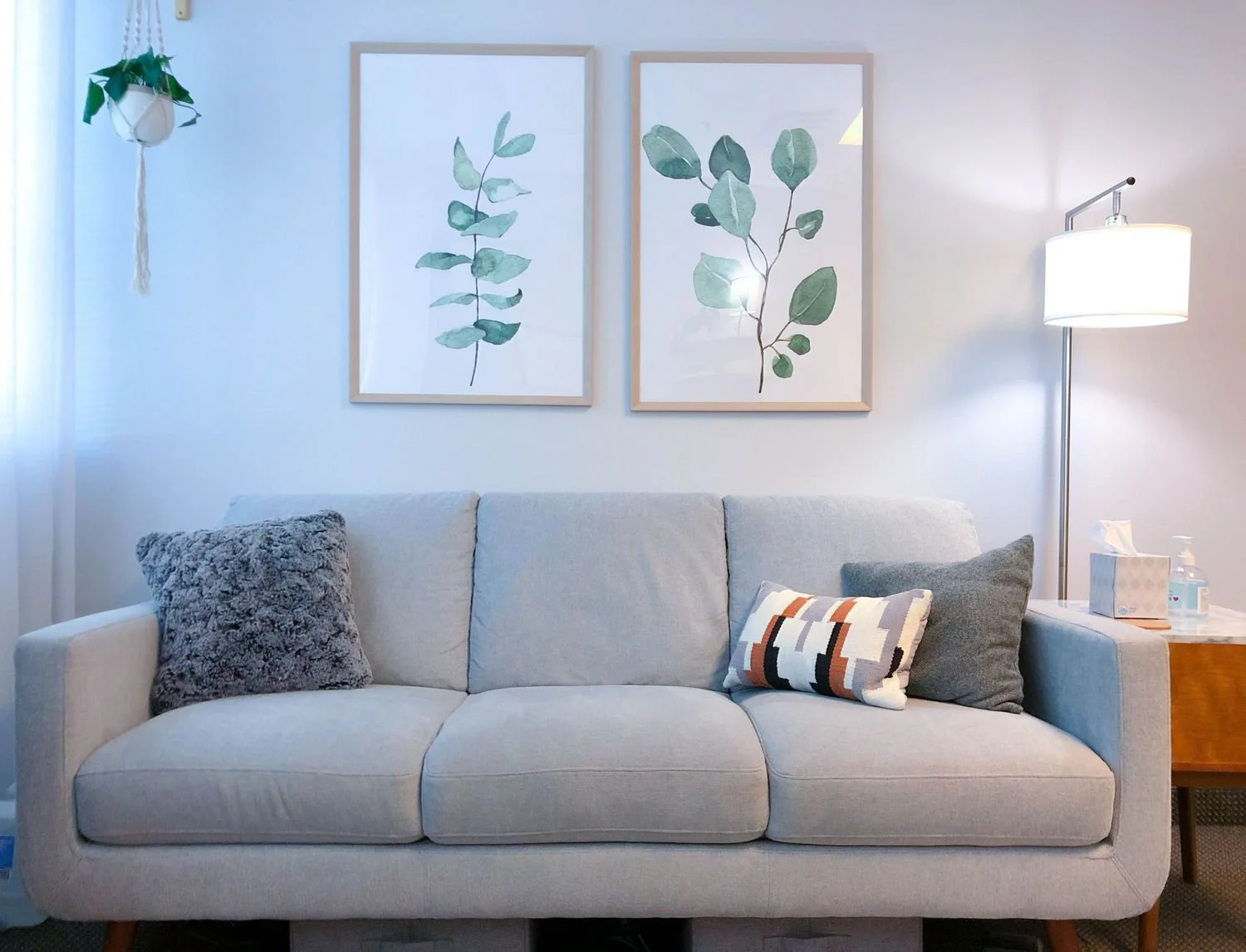 A beige sofa with three decorative pillows, a gray furry pillow, a patterned pillow, and a dark gray pillow, in a room with framed botanical prints on the wall, a side table with tissues and hand sanitizer, and a floor lamp with a white shade.